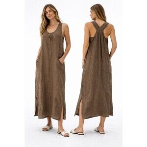 Click x Color Me Cotton USA 100% Linen Brown Midi Dress Cross Back Lagenlook Med